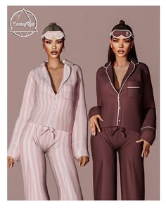 two women in pajamas are standing next to each other