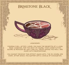 an illustration of a cup of coffee with the words brimstone black on it