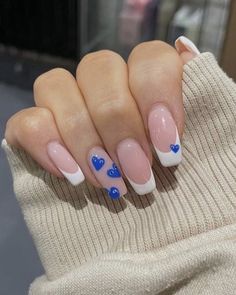 Heart Evil Eye Nails, Greek Nails Ideas, Blue Heart French Tip Nails, Blue Love Heart Nails, Evil Eye Heart Nails, Blue Nails Holiday, Nails For Portugal, Nail Inspo For Greece, Majorca Nails