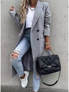 Double Breasted Lapel Trench Coat With Heated Jacket - Fall Gray Minimalisticky Chic, Moda Casual Chic, Casual Chique Stijl, Gray Coat, Style Casual Chic, Elegant Blazers, Heated Jacket, Casual Chique, Long Winter Coats