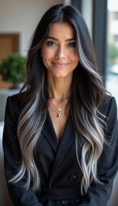 Brown Black Blonde Hair, Ice Blonde Balayage Brunette, Jet Black Hair With Highlights Blondes, Dark Brown Winter Hair, Dark Brown Hair With Cool Highlights, Dark Hair Ash Highlights, Dark Hair With White Highlights, Smoky Hair Color, Brown And Grey Hair