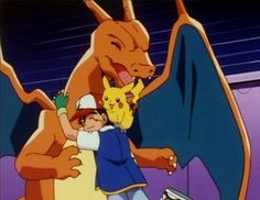 an animated image of a boy hugging a giant pokemon with his arm around another character