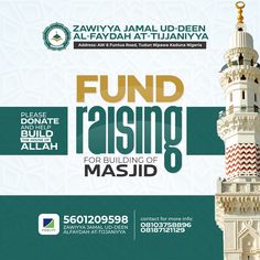 an advertisement for the fund raising program in masjid, with a tall tower