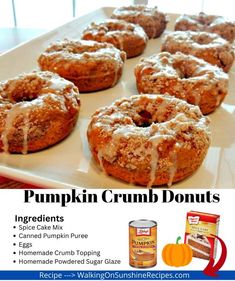 an advertisement for pumpkin crumb donuts with icing