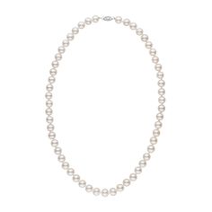 This white freshwater pearl necklace is composed of 7.5-8.0 mm freshwater pearls - the most popular size. The 18-inch strand is composed of the highest quality freshwater pearls available. They feature nearly perfect shape and matching, and exhibit a sharp reflective luster. The pearls are individually knotted on twin silk and finished with a 14-karat gold clasp. This strand is the most popular necklace we offer, and every strand was selected, graded and sourced by our buying team during their q Japanese Pearls, Akoya Pearl Necklace, Popular Necklaces, Pearl Strands Necklace, Jewelry Appraisal, White Pearl Necklace, Clasp Necklace, Freshwater Pearl Necklace, Freshwater Pearls Earrings