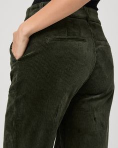 Crafted in supremely soft corduroy in a dark fern green shade, this high-waisted trouser pant is designed with a clean waistband, slash pockets at the front, and welt pockets at the back. Pair these elevated pants with the coordinating Tylee Jacket for a chic matching moment. | Danielle Trouser Pant - Dark Fern Green Corduroy | Size 00 Green Corduroy Bottoms For Work, Paige Danielle, Plush Pants, The Comeback, Green Corduroy, Fern Green, Green Pants, High Waisted Trousers, Corduroy Pants