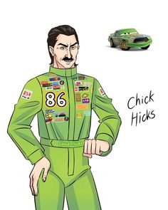 a drawing of a man in a green racing suit with his hands on his hips