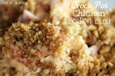 the crock pot chicken is covered in bacon and breadcrumbs on top