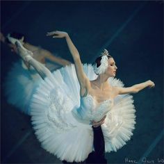 two ballerinas in white tutus and black leotards, one holding the other's leg