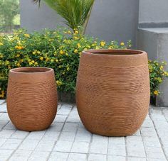 two large brown pots sitting on top of a brick floor next to bushes and yellow flowers