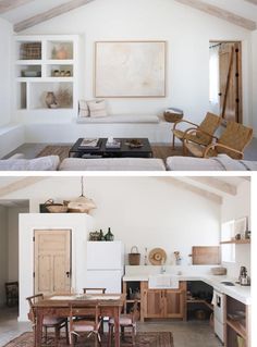 two pictures of a living room and kitchen