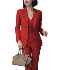 Formal 3 Pieces Women Suit Solid Peak Lapel Blazer Fall Office Wear Sets With Pockets, Tailored Sets With Pockets And Suit Collar, Tailored Office Wear Set With Pockets, Tailored Business Casual Sets With Pockets, Formal Fall Sets With Pockets, Fall Formal Sets With Pockets, Winter Business Sets With Pockets, Business Sets With Pockets For Winter, Classic Sets With Pockets For Winter