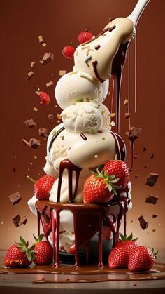 an ice cream sundae with strawberries and chocolate syrup pouring over it, on a brown background