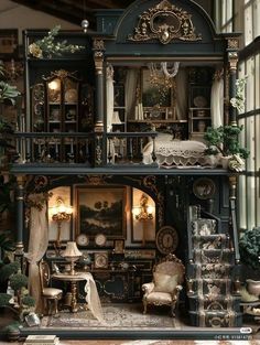 a doll house is shown with furniture and decorations in it's display case,