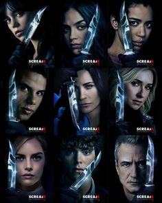 the poster for scream is shown with many different faces and knives in each face,