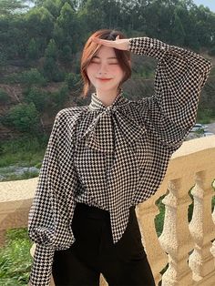 Trendy Tie Neck Office Tops, Trendy Tie Neck Top For Office, Trendy Plaid Blouse For Fall, Houndstooth Shirt For Workwear In Fall, Casual Black Tie Neck Blouse, Trendy Tie Neck Blouse For Office, Black Office Lady Blouse For Work, Office Lady Black Blouse For Office, Black Office Lady Blouse