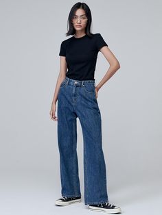 Composition : Cotton 100%Color : Medium indigoCountry of Origin : Republic of Korea Modern Blue Straight Leg Jeans, Modern High Rise Blue Jeans, Wide Leg Dark Wash Recycled Denim Jeans, Modern Mid-rise Blue Jeans, Modern Blue Mid-rise Jeans, Classic Indigo Wide Leg Bottoms, Everyday Indigo Bottoms With Five Pockets, Indigo Bottoms With Five Pockets For Everyday, Modern Blue Bottoms For Everyday