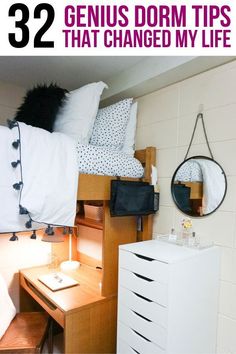 there is a dorm room with bunk beds and desks