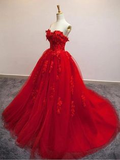 Red Evening Dresses, Red Ball Gowns, Sweep Train Prom Dress, Red Ball Gown, Red Wedding Dress, Cheap Party Dresses, Floral Prom Dresses, Sweetheart Prom Dress, Lace Formal Dress