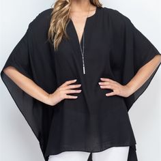 Black Tunic Top Fabric Content: 100% Polyester Size Scale: S-M-L Wide Half Sleeve V-Neck Overlay Loose Tunic Top. Medium Measured Laying Flat From Pit Hem To Pit Hem Is 24" Across Large Is 25" Across High Low Design Back Length Is 33" And Front Length Is 29" S#C29 Versatile V-neck Blouse For Beach, Black Split Neck Top For Spring, Black V-neck Top For Beach, Black V-neck Blouse For Beach, Chic Split Neck Tops For The Beach, Versatile V-neck Blouse For The Beach, Casual Black Blouse With Split Neck, Black Split Neck Tops For Summer, Black Split Neck Top For Summer