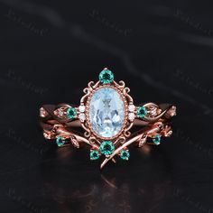 5x7mm Antique Oval Aquamarine Bezel Engagement Ring Set Vintage Emerald Leaf Stacking Ring Filigree March Birthstone Wedding Bridal Set Women Gift Side stones: emerald and moissanite This ring can also be made in genuine solid 10k, 14k, 18k gold or Platinum, and all the rings in my shop can be customized too! If you want to know more details about the ring, just contact with me anytime! If you want to customize the ring, just contact with me anytime! If you want to make a custom jewelry, just co Emerald Bridal Set, Engagement Ring Bezel Setting, Oval Topaz Ring With Gemstone Accents For Wedding, Gold Emerald Oval Cabochon Ring For Wedding, Oval Topaz Ring With Accent Stones For Wedding, Oval Topaz Ring For Wedding, May Birthstone, Oval Birthstone Ring With Accent Stones For Wedding, Oval Topaz Wedding Ring With Accent Stones, Oval Bezel Set Jewelry For Wedding