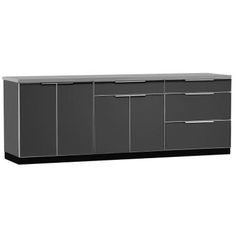 a large gray cabinet with drawers and doors on the bottom, in front of a white background