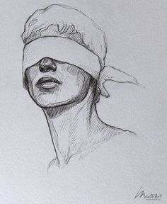 a pencil drawing of a woman with a bandage on her head and eyes covered by a bandana