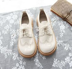 Retro Lace-Up Thick-Sole Shoes - Сottagecore clothes Classic Summer Oxfords With Round Toe, White Round Toe Lace-up Shoes For Spring, White Round Toe Oxfords For Spring, White Lace-up Shoes With Round Toe For Spring, Spring White Round Toe Oxfords, Summer Lace-up Shoes With Brogue Detailing, Summer Lace-up Shoes With Brogue Detailing And Flat Heel, Beige Lace-up Shoes For Summer, White Lace-up Closed Toe Shoes For Spring