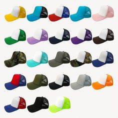 many different colored hats are arranged in rows