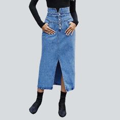 Revive the '90s with our 2023 Summer Collection: the long. stonewashed. tall-waist jean skirt that will make you stand out! Our statement denim piece is crafted with a distinctive damaged pattern. sleek slim fit. zipper and button duo and premium quality denim for a bold and stylish look.Distinctive Features: Grunge Elegance: Inspired by the iconic '90s alternative movement. these jeans embody rebellion and sophistication. Distinctive Distressed Pattern: Expertly crafted wear and tear. capturing Fitted High-waist Denim Skirt, Fitted High Waist Denim Skirt, High Waist Fitted Denim Skirt, Denim Skirt For Spring, Trendy Fitted Medium Wash Denim Skirt, Fitted High-waist Denim Skirt For Fall, Fitted High Waist Denim Skirt For Fall, Trendy Non-stretch Medium Wash Denim Skirt, High Rise Medium Wash Skirt For Fall