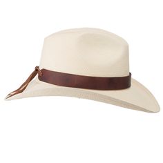 a white hat with brown leather band