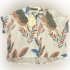 100% Linen Material Women’s Matching Shirt And Pants Set Plus Size Same Day Shipping Casual Blouse With Tropical Print And Relaxed Fit, Casual Cotton Blouse With Tropical Print, White Cotton Tops With Tropical Print, Casual White Top With Tropical Print, Casual White Tropical Print Top, White Tropical Print Blouse For Vacation, White Tropical Print Tops For Day Out, White Summer Blouse With Tropical Print, White Tropical Print Summer Blouse