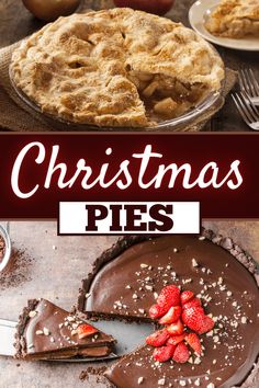 christmas pies with chocolate frosting and fresh strawberries on the top one slice