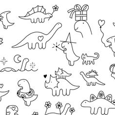 a black and white drawing of different types of dinosaurs with gifts on their heads, in the shape of hearts