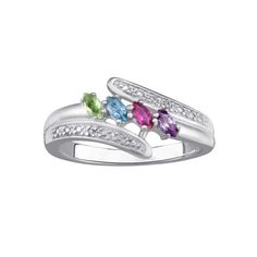 Show her your love and devotion with this elegant Sterling-Silver Marquise Birthstone and Diamond Mother's Ring. It is made with sturdy and durable polished sterling silver and showcases a dazzling contrast of the chosen stones. This diamond accent ring features a striking openwork design and has marquise-cut, diagonally set, Austrian crystals that are perfectly accented by the diamonds on both sides. The final effect is nothing short of exquisite. You can personalize it by choosing between two Silver Ring For Formal Occasions And Mother's Day, Silver Ring For Formal Occasions On Mother's Day, Multicolor Diamond Birthstone Ring For Anniversary, Three Stone Diamond Gemstones For Anniversary, Sterling Silver Multi-stone Diamond Ring, Sterling Silver Birthstone Ring With Diamond Accents, Anniversary Diamond Gemstones With Gemstone Accents, White Gold Diamond Birthstone Ring With Gemstone Accents, Multicolor Center Stone Anniversary Ring