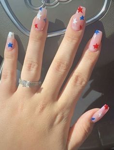 Short Square Acrylic Nails 4th Of July, Coffin Fourth Of July Nails, 4th Of July Nails Oval Shape, French Tip Nails With Design Fourth Of July, Fourth Of July Coffin Nails, Square Acrylic Nails Designs Ideas, Red White And Blue Star Nails, 4th Of July Nails Coffin Shape, Summer 4th Of July Nails