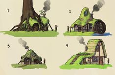 four different views of a house in the shape of a tree