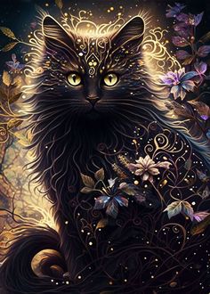 a painting of a black cat surrounded by flowers and butterflies on a dark night sky