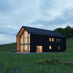 a small black house sitting on top of a lush green field