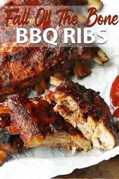 bbq ribs with barbecue sauce and ketchup on the side text reads fall off the bone bbq ribs