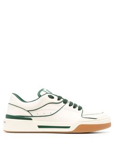 calf leather New Tech low-top sneakers from DOLCE & GABBANA featuring cream white, dark green, logo patch at the tongue, branded insole, contrasting trim, perforated detailing, round toe, front lace-up fastening and flat rubber sole. Sneakers Sketch, Casual Beach Sandals, New Tech, Shoe Design Sketches, Dolce Gabbana Shoes, Contrasting Trim, Womens Summer Shoes, Green Logo, Sole Sneakers