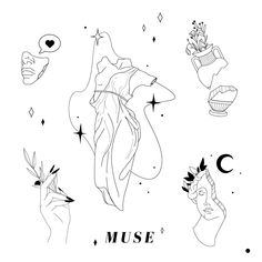 some drawings that are in black and white with the word muse above them, on a white background