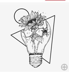 a black and white drawing of a light bulb with sunflowers in it