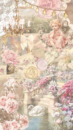 a collage of pink flowers and other items on a table with a chandelier hanging from the ceiling