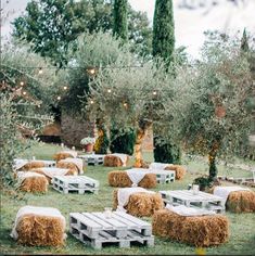 an outdoor setting with hay bales and lights strung from the trees in the background