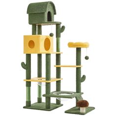 the cat tree is green and yellow