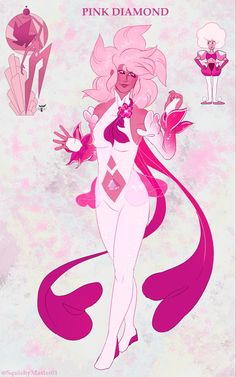 the pink diamond character is standing in front of two other characters, one with long hair and