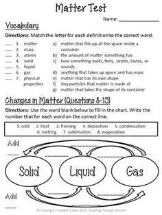 a worksheet with words and diagrams for matter test