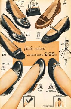 Surprisingly modern black flats from Aldens Catalog 1956-57 black shoes low heels slip on mid 50s print ad vintage fashion 1950s Shoes Flats, 1950s Fashion Shoes, 50s Shoes, Vintage Shoes Women, Saddle Shoes, Vintage Flats, Retro Shoes