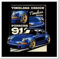 a blue car with gold rims on it's hood and the words porsche 9117